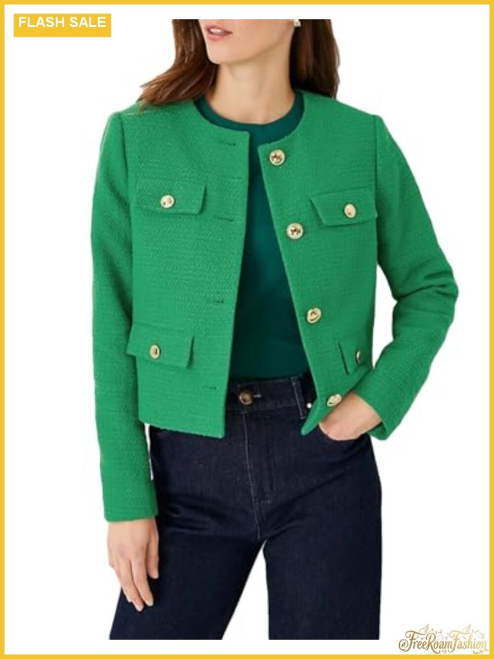 Cropped Tweed Blazer Women Collarless Slim Business Casual Jacket